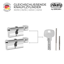 GERCAR Profile Cylinder Lock, Cylinder Lock, 40/40 mm, Knob Cylinder, Includes 10 Keys, Keyed Alike, Length: 80 mm, A:40 mm, B:40 mm, Set of 2