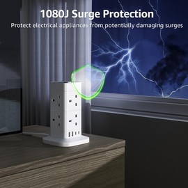 Hotimy 5M Tower Extension Lead with USB C, 8 Way (13A 3250W) & 4 USB Ports Multi Plug Extension Socket with Surge Protection, UK Power Strip 5 Meters Long Extension Cord for Home, Office, Kitchen
