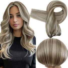 Full Shine Sew In Hair Extensions Weft Hair Extensions Human Hair Sew In Remy Hair Extensions Color Ash Brown Highlight Blonde Machine Tied Weft Extensions Human Hair Bundle 12 Inch 80G