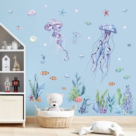 decalmile Wall Sticker Under the Sea Jellyfish Seaweed Wall Sticker Underwater World Fish Wall Sticker Nursery Baby Room Bathroom Wall Decoration
