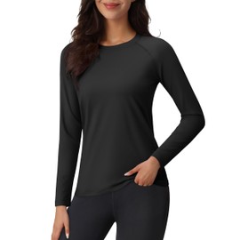 MAGCOMSEN Thermal Tops for Women Long Sleeve Raglan Crew Shirts Fleece Lined Moisture Wicking for Athletic Running Workout Black, 2XL