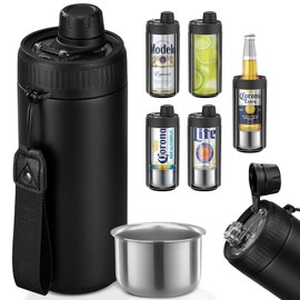 5-in-1 Insulated Can Cooler with Fizz Lid, 12 & 16 oz Slim Can Cooler for Beer&Soda, Stainless Steel Can Holder for Regular Universal Bottles (Black)