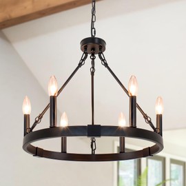 Rviezza Wagon Wheel Chandelier 6 Light, Black Farmhouse Chandelier 19.5" Metal Round Dining Room Light Fixture Vintage Wheel Pendant Lighting for Kitchen Living Entryway Foyer, E12 Socket