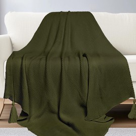 MACEVIA Throw Blanket Super Soft Cozy Fuzzy, Knitted Throw Blanket 50" x 60" for Couch Green Blanket for Bed Sofa Chair Camping Travel (Olive Green)