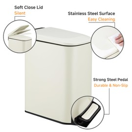 TIPGO Slim Bathroom Trash Can with Lid Soft Close, 6 Liter / 1.6 Gallon Stainless Steel Garbage with Removable Inner Bucket, Small Trash Bins for Bedroom, Office (Cream)