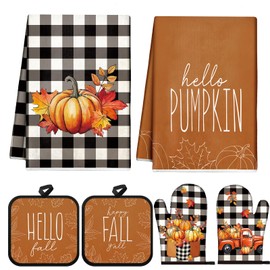 Mindsoft 6 Pcs Fall Kitchen Towels Pot Holders and Oven Mitts Set Including 2 Pumpkin Dish Towels Hand Towels 2 Hello Fall Square Potholders 2 Truck Heat Resistant Gloves for Cooking Baking Gift Home