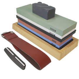 Knife Sharpening Stone, 2 Side Waterstone Set(Grit 240/800、3000/8000) - Whetstone Knife Sharpener- NonSlip Bamboo Base and Angle Guide (SET-C)