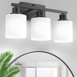 Black Bathroom Lights Over Mirror, Anti-rust Vanity Light Fixture for Bathroom, Modern 3-Light Wall Sconce Light for Living Room, Standard E26 Base, Milky White Glass Shades, Bulbs Not Included