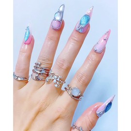 CAMILCY Press on Nails Handmade Nails Luxury Reusable Fake Nails For Girls Long Almond Armor Tip Pink Diamonds Hand Painted Salon Loveful Design Acrylic Gel UV Finished 3D Nails 10PCS (B06, S)