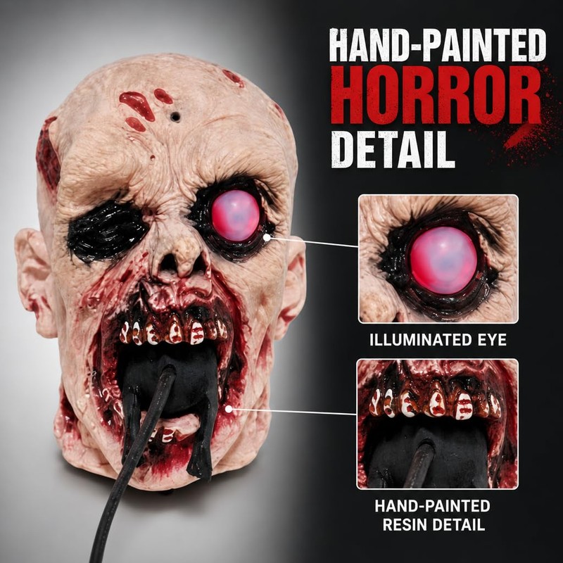 Realistic Zombie Head Sculpture - Halloween Horror Decor with Glowing