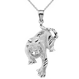 Sideways Crosses High Polish 925 Sterling Silver Full Body Tiger Pendant Necklace, 18"
