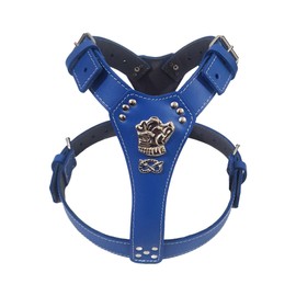 Beautiful Staffy Royal Blue Leather Dog Harness Large with Staffordshire Bullterrier Head Motif & Knot (Large, Silver Fittings)