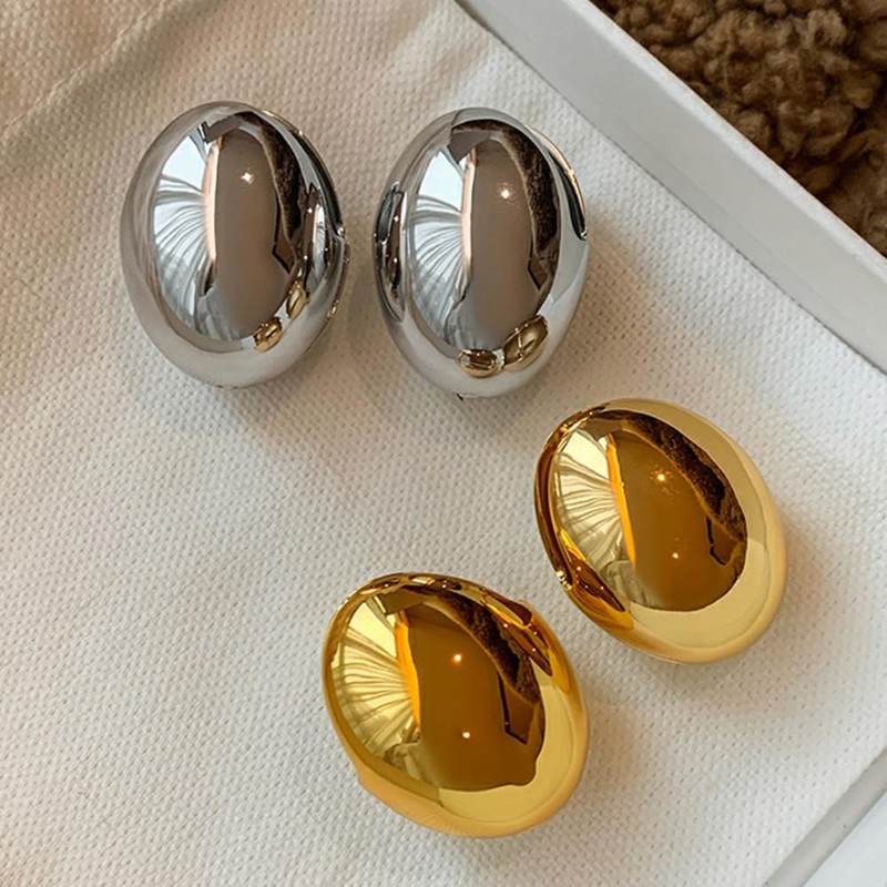 Gold Silver Ellipse Teardrop Stud Earrings Chunky Smooth Surface Egg