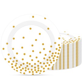 White and Gold Paper Plates,60Pcs 7Inch Dessert Plates Disposable,Party Tableware Kit,Gold Foil Polka Dots Dessert Plate,for Bride Shower,Baby Shower,Birthday,Wedding Party Decorations,Serves 60