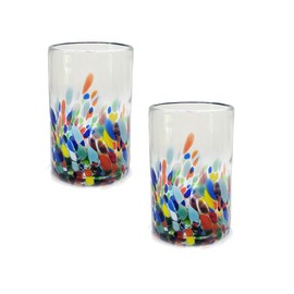 Water glasses - Mexican hand blown glass, set of 2 - Multi color Confetti