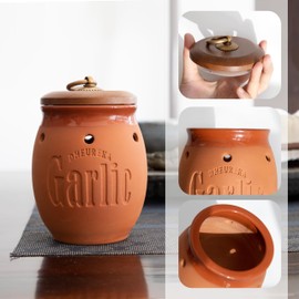 Dheureka Garlic Keeper with Wooden Lid, 19 oz Clay Garlic Storage Container to Keep Garlic Cloves Fresh Longer, Countertop Organizer, Farmhouse Kitchen Decor and Accessories, Terracotta