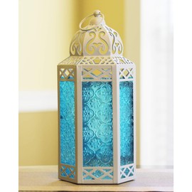 Decorative Lantern for Room Home Bath Bedroom Decor, Large, White and Blue