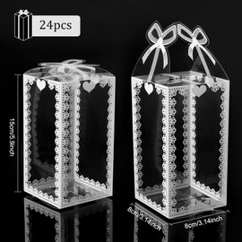 BENECREAT 24 Pieces Transparent Plastic Case, Lace Ribbon Pattern, 3.1 x 3.1 x 5.9 inches (8 x 8 x 15 cm), Gift Box, Clear, Folding Box, PVC, Small Items, Packaging Material, Anniversary, Weddings, Parties