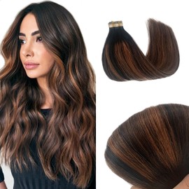 Tape in Hair Extensions Balayage Natural Black to Light Blonde Real Hair Extensions for Women 14 Inch 50Gram Double Sided Skin Weft Black and Blonde Human Hair Tape in Extensions