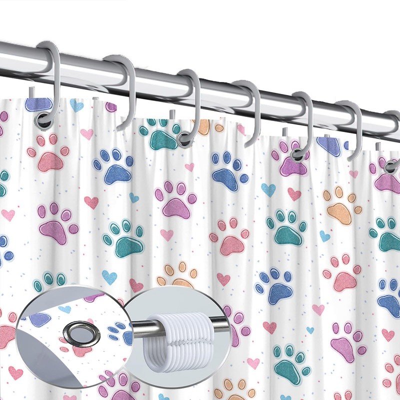 JEJOMEAG Dog Paw Shower Curtain Cute Colorful Paws Print Pet