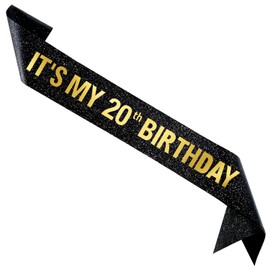 FXPATYY It's My 20th Birthday Sash for Men Women, Black Glitter Sash with Gold Foil