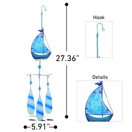 CoTa Global Blue Sailboat Hanging Sea Glass Wind Chime 27.36 Inch, Nautical Glass Windchime Outdoor Decor for a Harmonic Porch, Patio & Garden, Unique Beach Art Indoor Wind Chime Window Mobile
