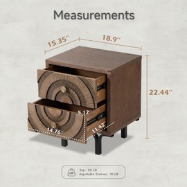 Aoikax Farmhouse 2-Drawer Nightstand, Accent Wooden Nightstand with Circle Pattern and Radioactive Wood Lines, for Bedroom, Natural Wood Color