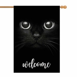 AOYEGO Cat Welcome House Flag 28 x 40 Inch Large Vertical Double Sided Black Cat Show Two Eyes Seasonal Outside Décor for Garden Yard Farmhouse Flags