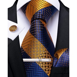 DiBanGu Mens Blue Brown Silk Tie Set Striped Plaid Necktie Pocket Square Cufflinks and Tie Clip Set for Business Wedding Party