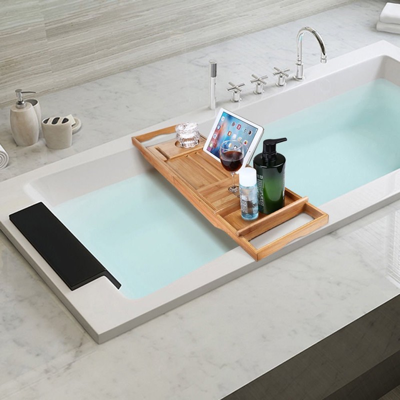 LEGENDARY-YES Natural Bamboo Bathtub Caddy with Extendable Sides Book Tablet