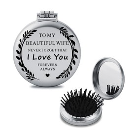 Ancnoz I Love You Gifts for Wife Folding Compact Pocket Makeup Mirror Hair Brush for Her Wifey Birthday for Wife Romantic Anniversary Wedding Gift from Husband