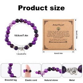 Mikovivi Amethyst Bracelet for Women, Inspirational Get Well Gift Jewelry Adjustable Purple Natural Stone Crystal Beaded Bracelet with Elephant Charm for Breast Issue Survivor