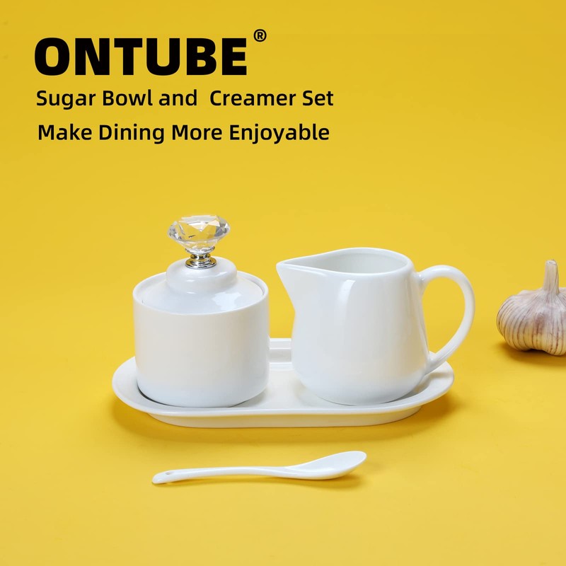 ONTUBE Porcelain Sugar and Creamer with tray and Crystal Lid