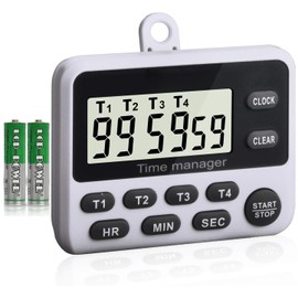 4 Channels Digital Kitchen Timer Clock with Large LCD Display, 4 Groups Simultaneous Timing Countdown Up (Battery Included)
