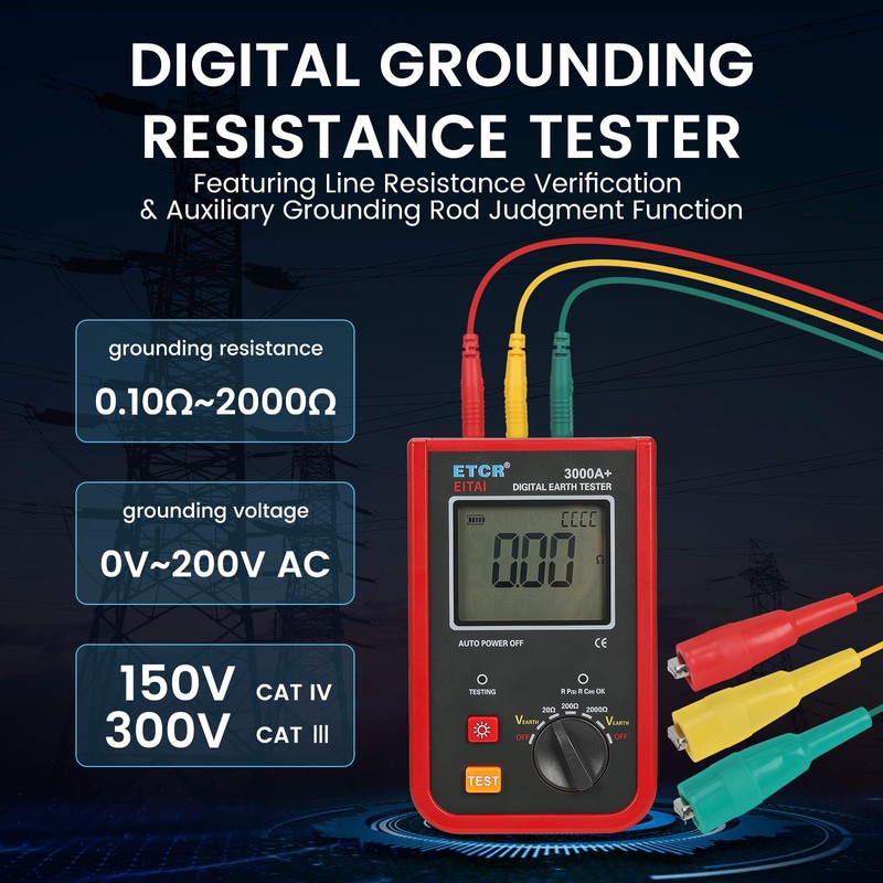 EITAI3000A+ Digital Ground Resistance Meter Tester 0-2kΩ, 0-200V, Manufacturer Direct
