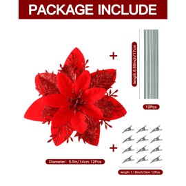 FLORRALIA Poinsettias Artificial Christmas Flowers Decorations - 12 Pcs Artificial Red Poinsettia Flowers for Christmas Tree,Fake Glitter Poinsettia 5.5" with Clips Stems for Home Outdoor Decor(Red)