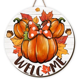 Fall Wooden Wreaths for Front Door Thanksgiving Autumn Pumpkin Welcome Sign Decor Cartoon Mouse Fall Decorations for Home Party Door