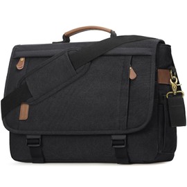 RAINSMORE Messenger Bag for Men 17-17.3 Inch Laptop Bag Water-resistant Canvas Computer Shoulder Bag Office Work Briefcase Large Casual Satchel Bags for Men Bookbag for College, Black