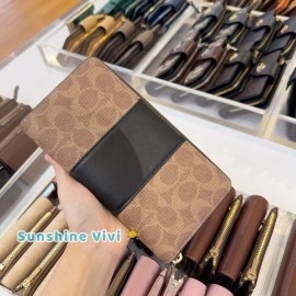 Coach NWT Coach Long Zip Around Wallet CW947 Tan Black Signature Canvas/Leather