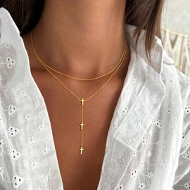 Ursteel Gold Small Cross Necklace for Women - Dainty 14K Gold Plated Lariat Y Shaped Cross Pendant Necklace Long Layered Drop Necklaces for Women Lariat Necklaces Jewelry for Womens Gifts