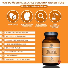 QIDOSHA® Novasol® Curcumin Liquid, 120 Capsules in Pharmacist Glass, 500 mg per Capsule, Micellar Turmeric Extract, Novasol® Curcuma, Each Batch Laboratory Tested, German Manufacturing