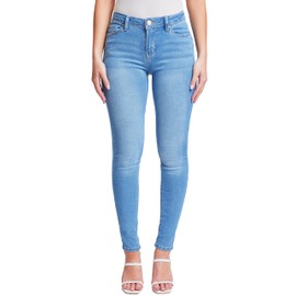 YMI Womens Basic 1-Button High-Rise Skinny Made with Recycled Fibers Jeans, Sky Blue, 5 US