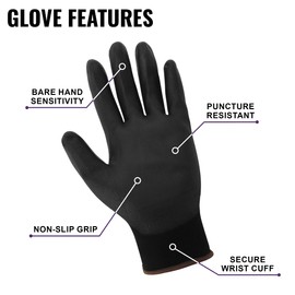 Global Glove PUG-17 Lightweight Polyurethane Dipped Work Gloves, Anti-Static/Electrostatic Compliant with Secure Grip, Bare Hand Sensitivity, Black, 12 Pairs, 2X-Small