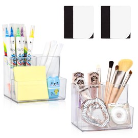 Marte Vanci Acrylic Pen Holder, Pencil Organiser Clear Makeup Brush Holder Desk Organiser Pen Pot Stationery Art Supply Storage with 2 Magnetic Squares Desktop Accessories 3 Slots Clear 2 Pack