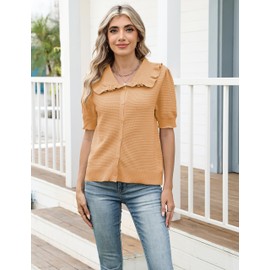 Watashi Womens Short Sleeve Cardigan Casual Button Down Ruffle Collared Lightweight Knittwear Summer Sweater Top (Orange-XS)