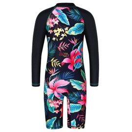 HUAANIUE Girls UPF 50+ UV One Piece Swimwear Kids Bodysuit Beachwear with Ziper Surfing Pink Swimming Children Bathing Costume 4-11 Years(BlackFlower,152/158)