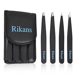 Rikans Tweezers Set of 4 – Precision Tweezers Set Made of Stainless Steel – Professional Tweezers for Eyebrow Plucking, Facial Hair Removal, Splitter