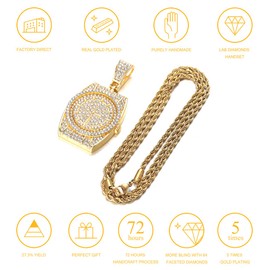 Halukakah Gold Chain for Men, 18 Carat Real Gold Plated/Platinum White Gold 3D Watch Pendant Necklace Full CZ Lab Diamonds Prong Set with Rope Chain 60 cm Tennis Chain 50 cm Free Gift Box, Metal, Lab
