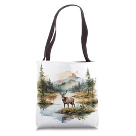 Rustic Deer By The River Watercolor Wildlife Nature Scene Tote Bag