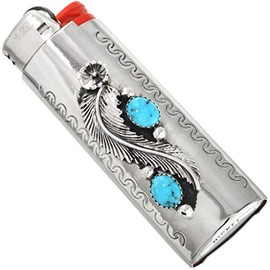 Navajo Natural Kingman Turquoise Silver Lighter Case Cover Sterling Flower Leaf Pattern 0045